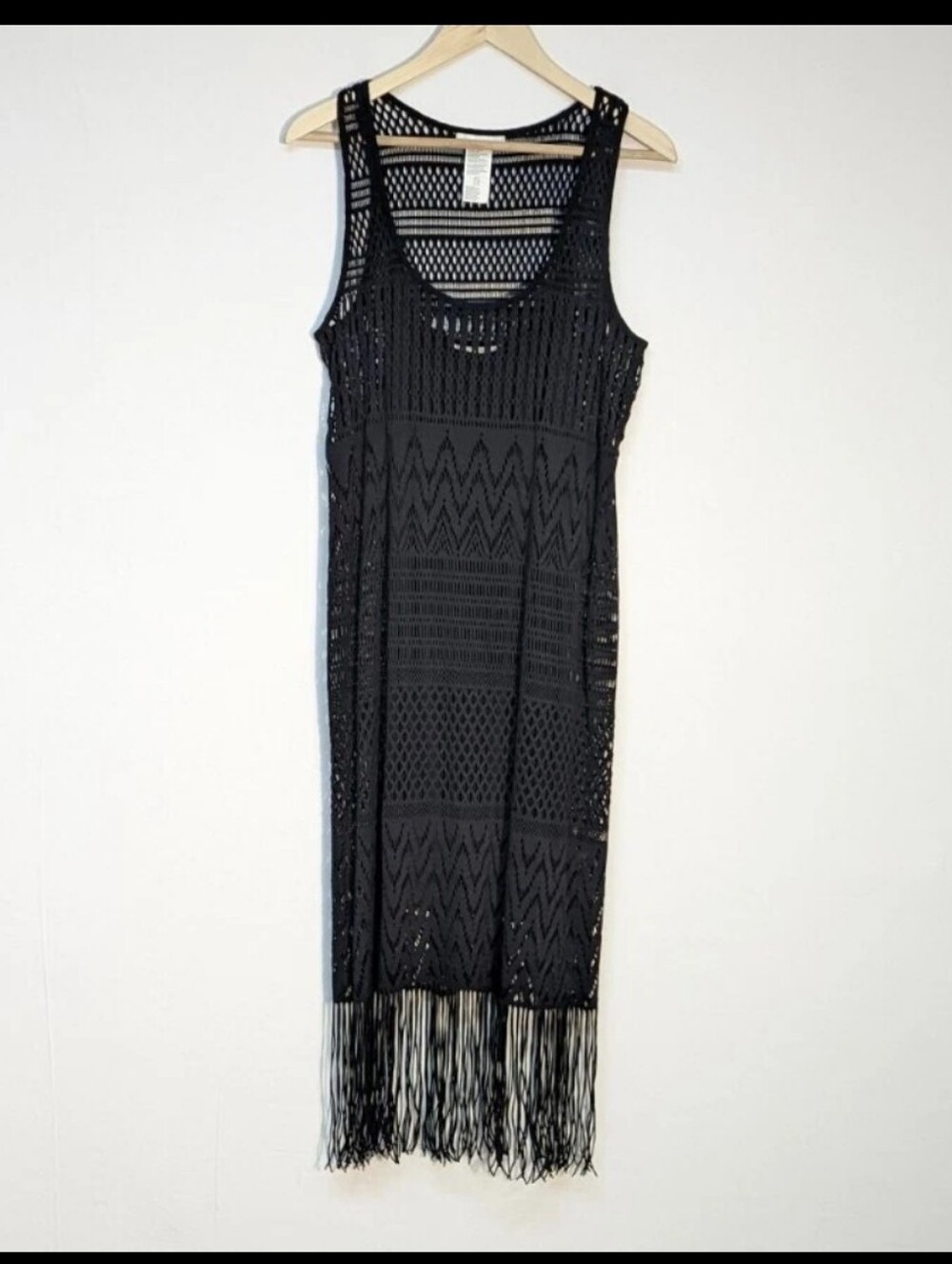 La Blanca Lined Semi-Sheer Tank Black Long Dress/Swimsuit Covr Fringe Maxi Dress